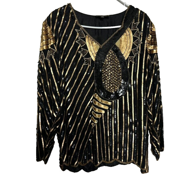 Royal Feelings Blouse Women 2X Sequined Beaded Abstract Graphic Vtg 80s Silk - Picture 4 of 13